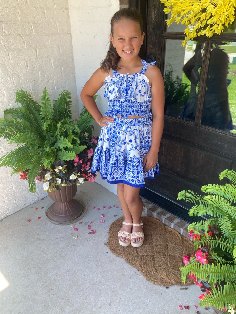 Girl’s Blue & White Floral Skirt and Smocked Top Set